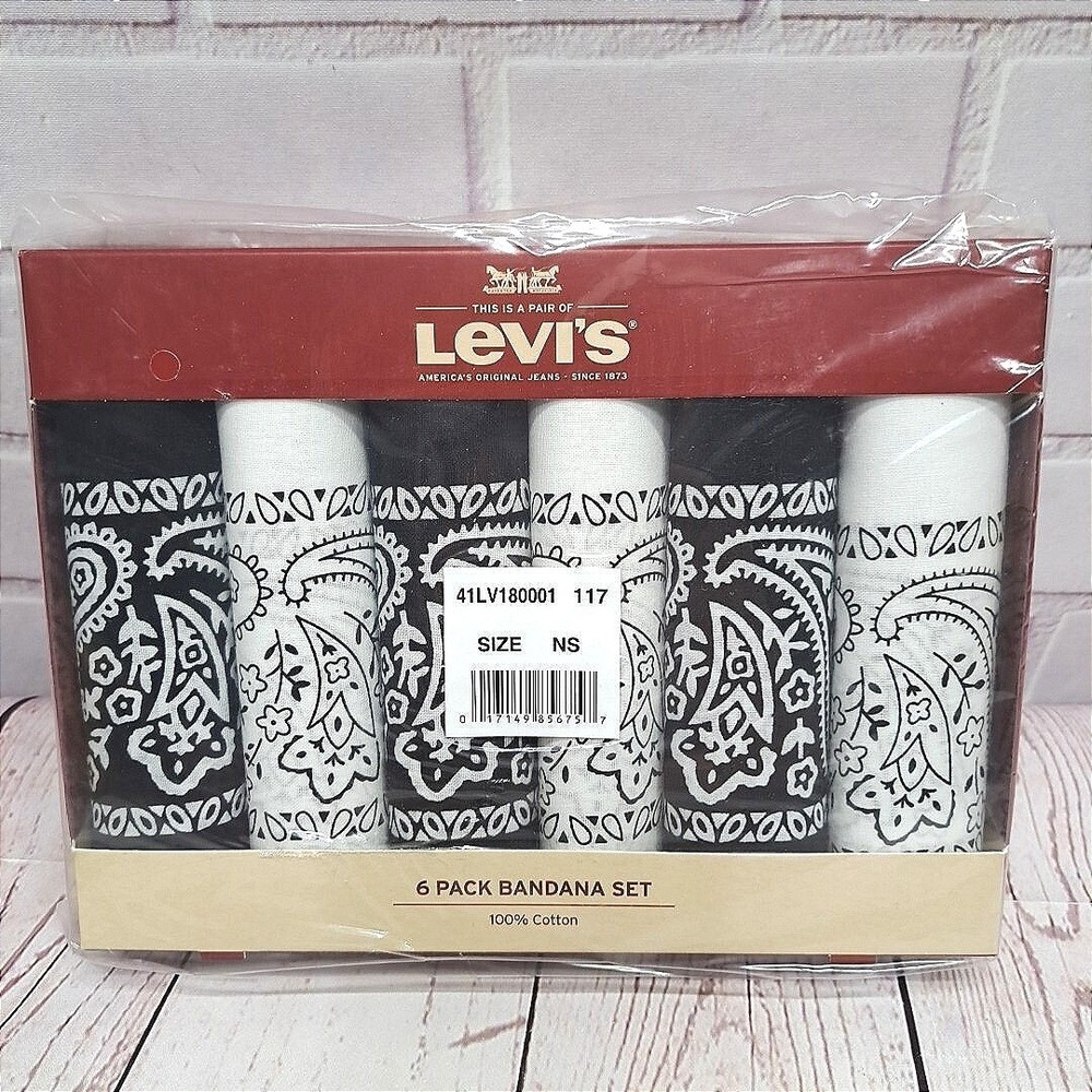 Levis 6 Pack Bandana Set Black White Paisley 100% Cotton 41LV180001 NEW